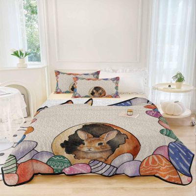 Twin XL Size Quilt Set,Spring Easter Rabbit Egg Retro Linen Lightweight Bedspread Coverlet Set Soft Microfiber Summer Quilt with 2 Pillow Shams,Watercolor Bunny 3 Piece Comforter Bedding Set