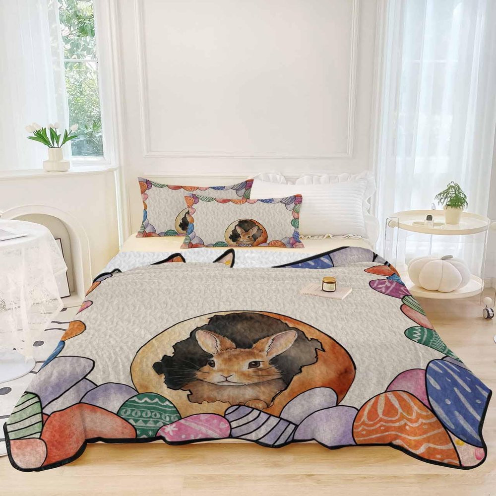 Twin XL Size Quilt Set,Spring Easter Rabbit Egg Retro Linen Lightweight Bedspread Coverlet Set Soft Microfiber Summer Quilt with 2 Pillow Shams,Watercolor Bunny 3 Piece Comforter Bedding Set