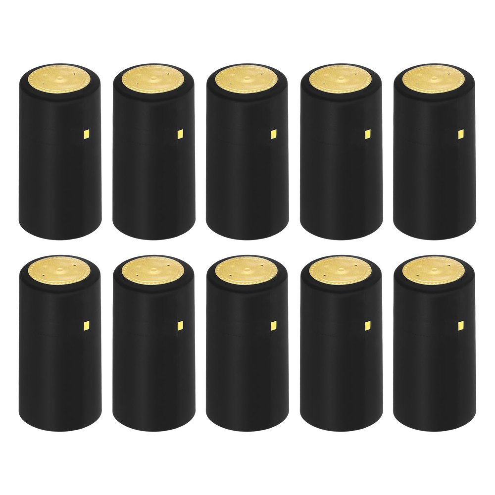 uxcell 100Pcs PVC Heat Shrink Capsules Wine Bottle Capsules Shrink Cap Wrap with Tear Tab Shrink Top Cover for Wine Cellars and Home Kitchen, Black/Gold 30x45mm