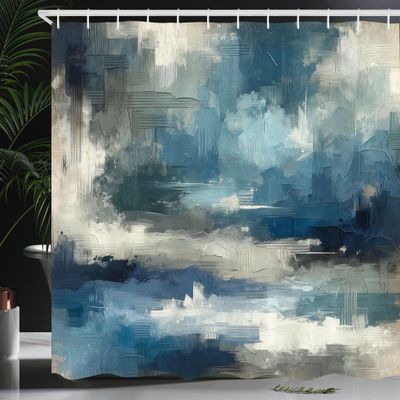 Ambesonne Navy Blue Shower Curtain, Abstract Modern Brushstroke Style Oil Cloudy Sky Painting Print, Cloth Fabric Bathroom Decor Set with Hooks, 69" W x 70" L, Sea Blue Ecru and Coconut