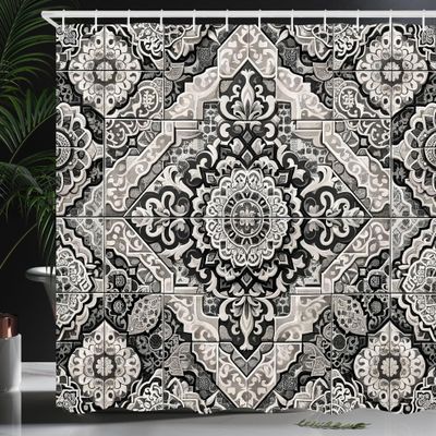 Ambesonne Grey Shower Curtain, Eastern Mosaic Look Print of Blooming Moroccan Tiles Art with Victorian Leaves, Cloth Fabric Bathroom Decor Set with Hooks, 69" W x 70" L, Pale Mustard Pearl