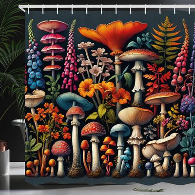 Ambesonne Botanical Shower Curtain, Abstract Mushrooms and Branches Colorful Woodland Life Design, Cloth Fabric Bathroom Decor Set with Hooks, 69" W x 75" L, Dark Blue Grey and Multicolor