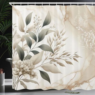 Ambesonne Neutral Shower Curtain, Romantic Cottagecore Wild Flowers Bouquet on Marble Background Print, Cloth Fabric Bathroom Decor Set with Hooks, 69" W x 70" L, Sepia and Dark Sea Green