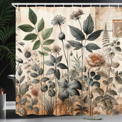 Ambesonne Vintage Shower Curtain, Witchcore Medieval Leafy Scenario Nostalgic Design with Muted Tones, Cloth Fabric Bathroom Decor Set with Hooks, 69" W x 75" L, Pale Mustard Laurel Green