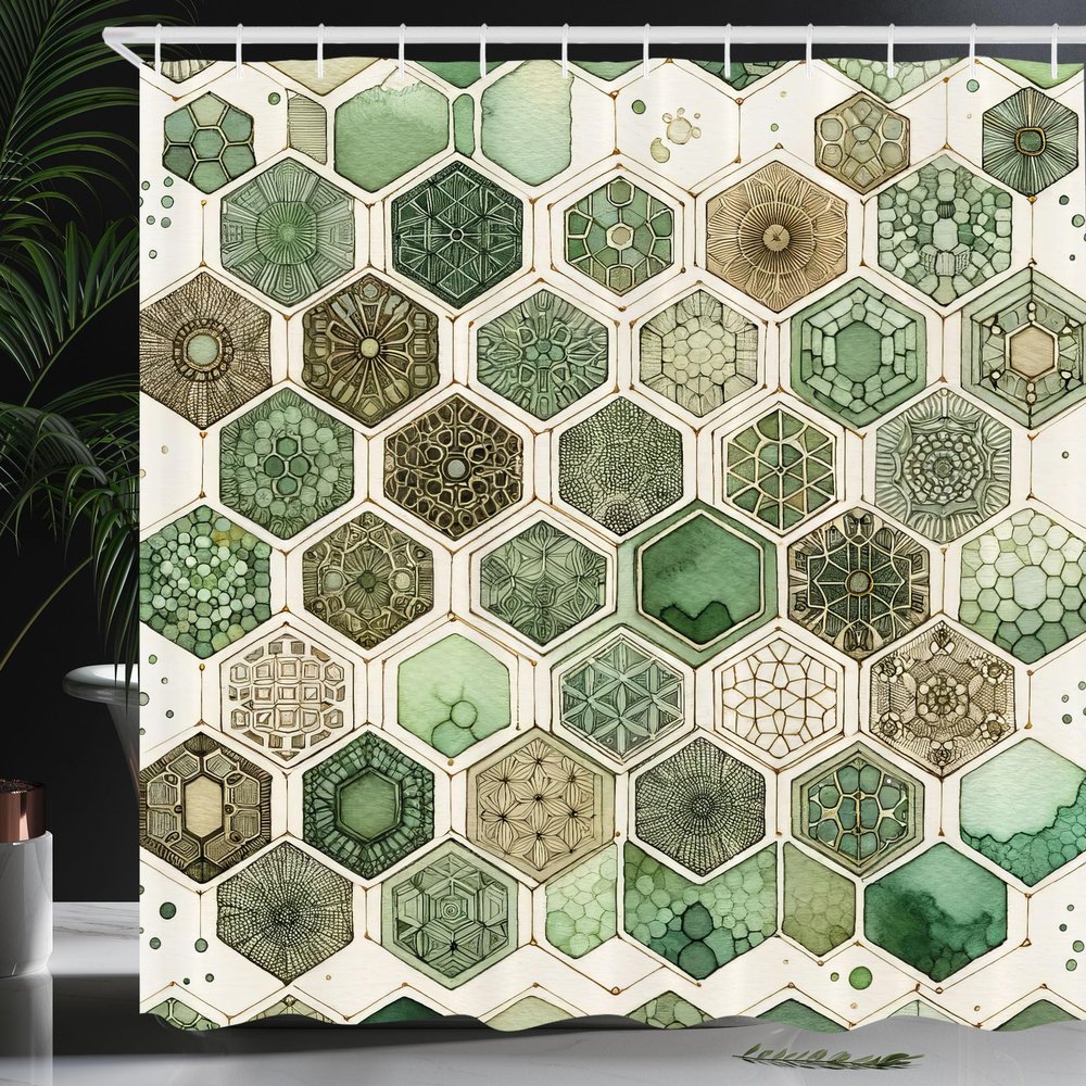 Ambesonne Sage Green Shower Curtain, Hexagon Honeycomb Pattern with Abstract Trippy Ornaments Jade Tones, Cloth Fabric Bathroom Decor Set with Hooks, 69" W x 70" L, Eggshell Caramel Teal