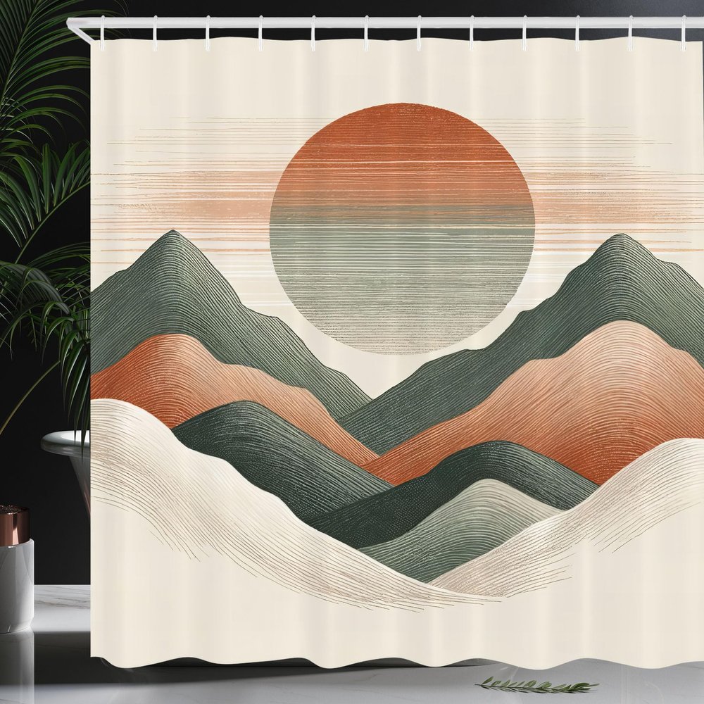 Ambesonne Neutral Shower Curtain, Modern Abstract Aesthetic Drawing of Mountains with Sun in Warm Tones, Cloth Fabric Bathroom Decor Set with Hooks, 69" W x 84" L, Beige Burnt Orange Green