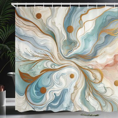Ambesonne Modern Shower Curtain, Abstract Swirls Marble Print Look Composition with Spots and Boho Groovy, Cloth Fabric Bathroom Decor Set with Hooks, 69" W x 84" L, Pale Caramel Seafoam