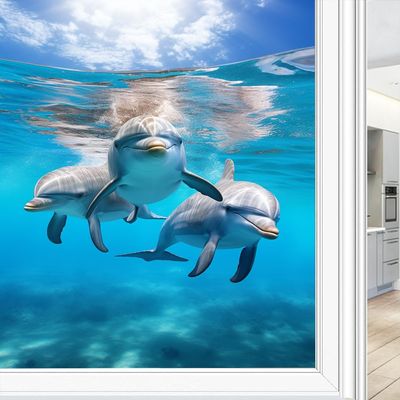 Dunmat Ocean Dolphin Picture Stained Glass Window Film Tropical Cartoon Animals Modern Window Privacy Film Self-Adhesive Glass Film Decorative Sticker Frosted Film for Home Office 27.6Wx39.4L inch