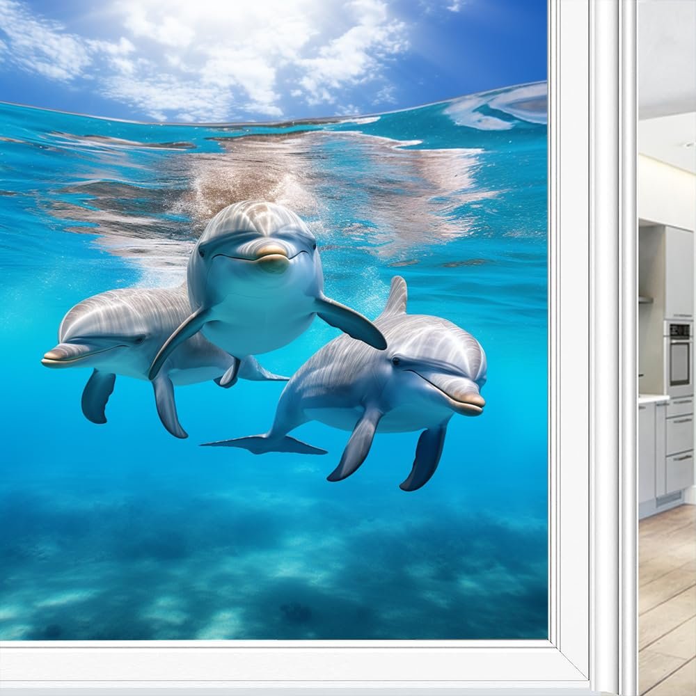 Dunmat Ocean Dolphin Picture Stained Glass Window Film Tropical Cartoon Animals Modern Window Privacy Film Self-Adhesive Glass Film Decorative Sticker Frosted Film for Home Office 27.6Wx39.4L inch