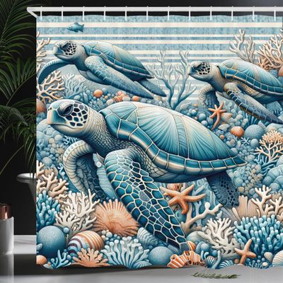 Ambesonne Turtle Shower Curtain, Underwater Corals and Loggerheads Sea Animals on Stripes Nautical Marine, Cloth Fabric Bathroom Decor Set with Hooks, 69" W x 84" L, Salmon and Sea Blue