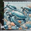 Ambesonne Turtle Shower Curtain, Underwater Corals and Loggerheads Sea Animals on Stripes Nautical Marine, Cloth Fabric Bathroom Decor Set with Hooks, 69" W x 84" L, Salmon and Sea Blue view 1