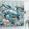 Ambesonne Turtle Shower Curtain, Underwater Corals and Loggerheads Sea Animals on Stripes Nautical Marine, Cloth Fabric Bathroom Decor Set with Hooks, 69" W x 84" L, Salmon and Sea Blue view 3