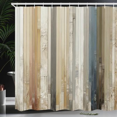 Ambesonne Striped Shower Curtain, Rustic Farmhouse Concept Muted Tone Woody Look Backdrop Illustration, Cloth Fabric Bathroom Decor Set with Hooks, 69" W x 75" L, Eggshell Sea Blue Khaki