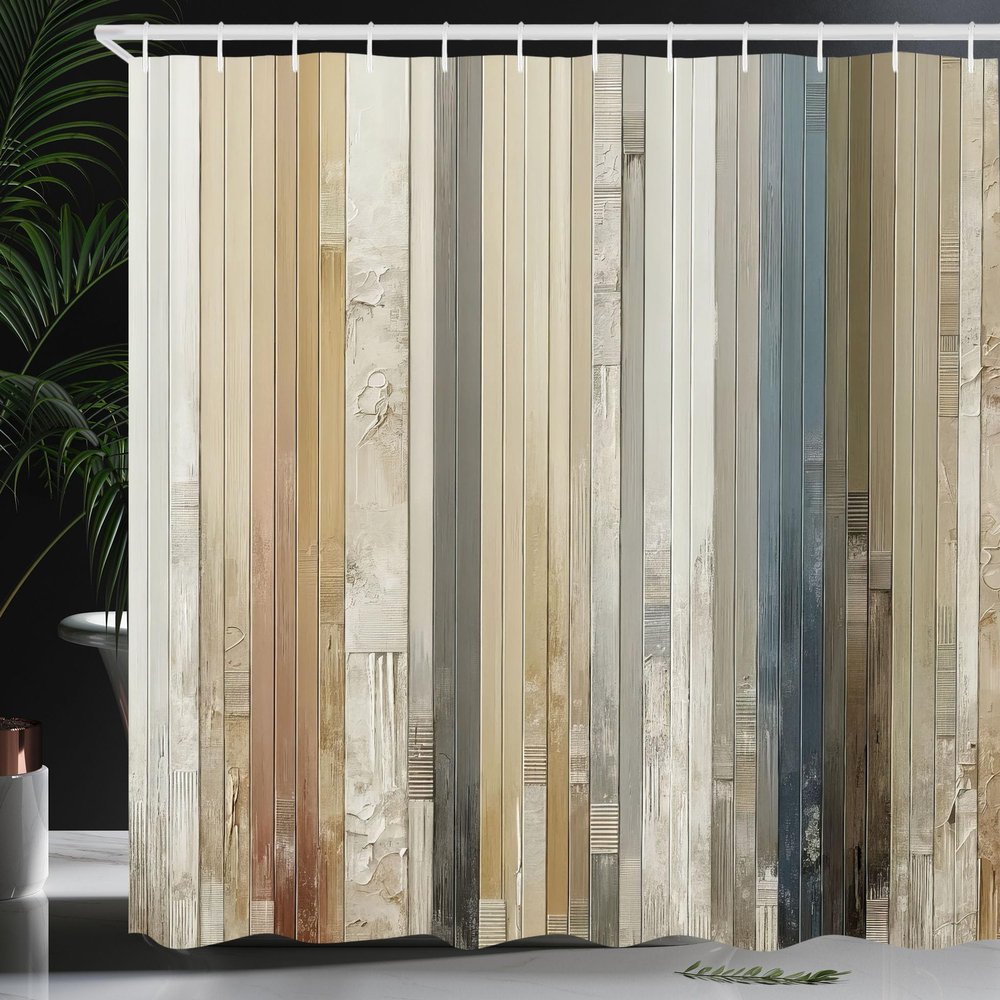 Ambesonne Striped Shower Curtain, Rustic Farmhouse Concept Muted Tone Woody Look Backdrop Illustration, Cloth Fabric Bathroom Decor Set with Hooks, 69" W x 75" L, Eggshell Sea Blue Khaki