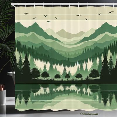 Ambesonne Sage Green Shower Curtain, Mid Century Modern Style Chill Mountain Range Landscape Featuring Woods, Cloth Fabric Bathroom Decor Set with Hooks, 69" W x 75" L, Dusk Eggshell Teal