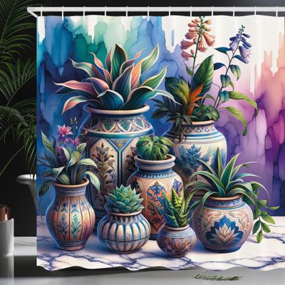 Ambesonne Botanical Shower Curtain, Exotic Leaves on Folk Art Ethnic Pots on Colorful Watercolor Backdrop, Cloth Fabric Bathroom Decor Set with Hooks, 69" W x 75" L, Purple Blue Dried Rose