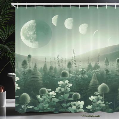 Ambesonne Sage Green Shower Curtain, Misty Landscape of Dreamy Wildfloral Meadow and Moon Phase Outer Galaxy, Cloth Fabric Bathroom Decor Set with Hooks, 69" W x 84" L, Teal Pale Seafoam
