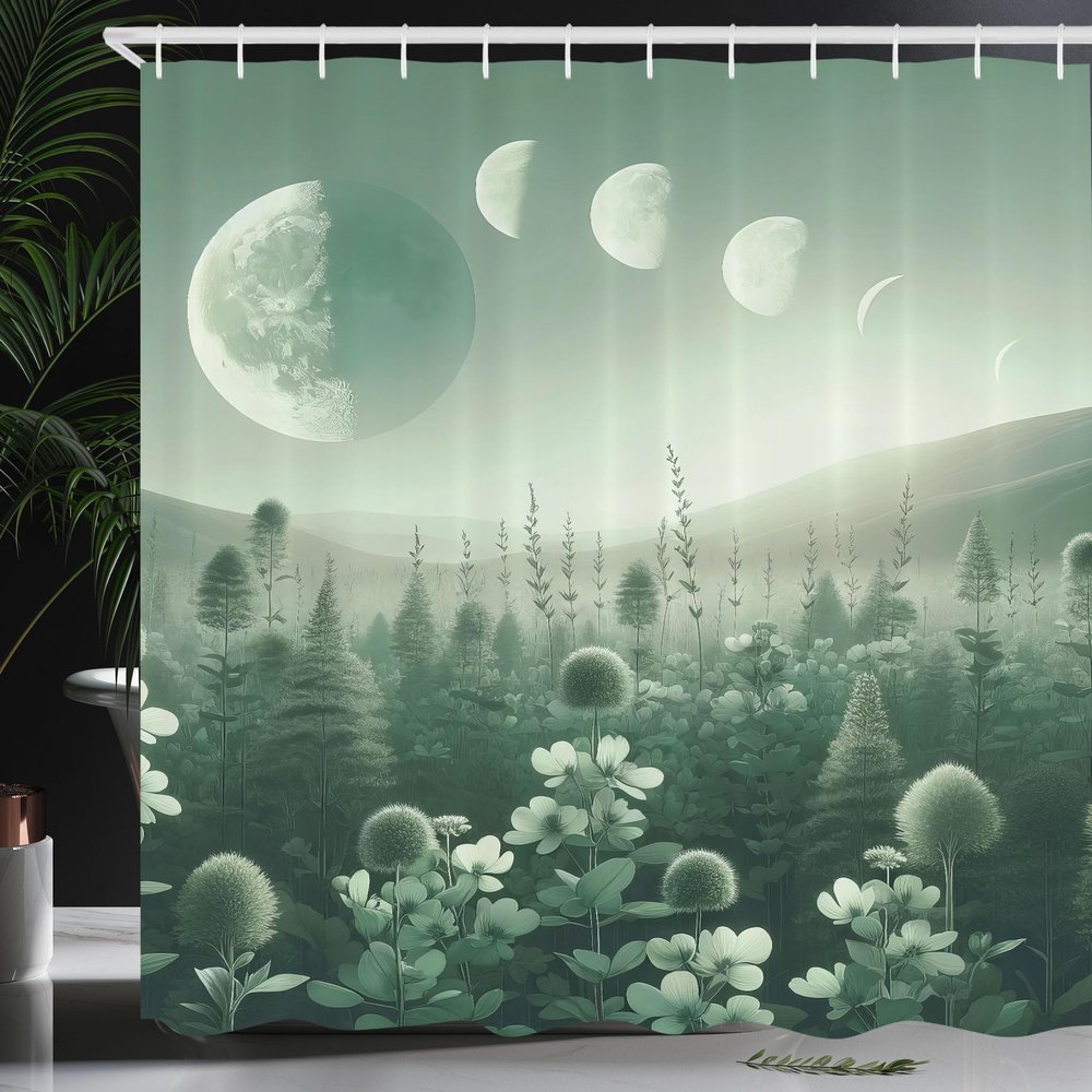 Ambesonne Sage Green Shower Curtain, Misty Landscape of Dreamy Wildfloral Meadow and Moon Phase Outer Galaxy, Cloth Fabric Bathroom Decor Set with Hooks, 69" W x 84" L, Teal Pale Seafoam