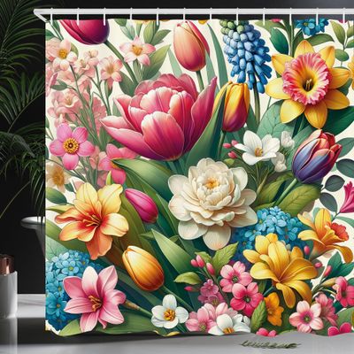 Ambesonne Spring Shower Curtain, Color Jumble Illustration of Garden Flowers with Leaves Dreamy Aura, Cloth Fabric Bathroom Decor Set with Hooks, 69" W x 75" L, Green Magenta Multicolor