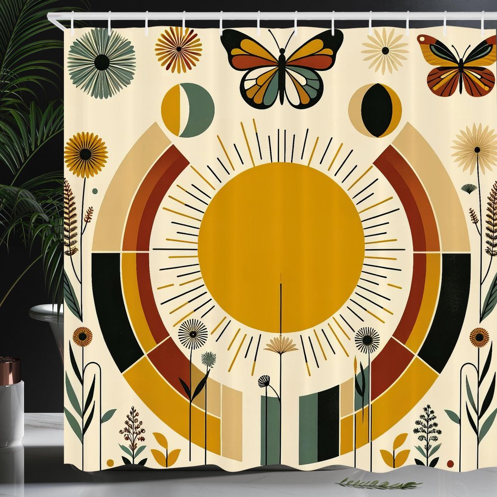 Ambesonne Mid Century Modern Shower Curtain, Bohemian Details of Geometric Sun Butterfly and Leafy Floral, Cloth Fabric Bathroom Decor Set with Hooks, 69" W x 70" L, Pale Coffee Eggshell