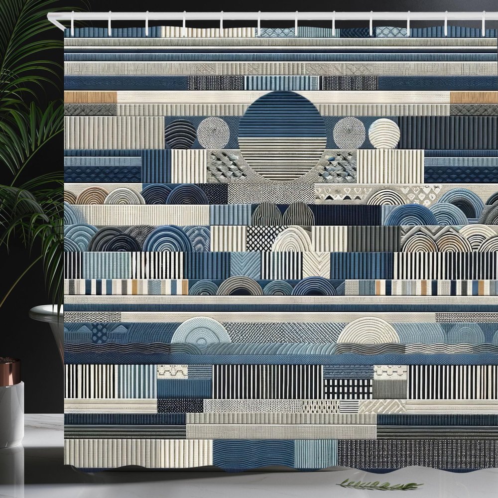 Ambesonne Navy Blue Shower Curtain, Modern Abstract Art with Pencil Stripes Circles and Semicircle Shapes, Cloth Fabric Bathroom Decor Set with Hooks, 69" W x 70" L, Slate Blue Almond Ecru