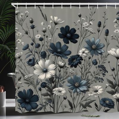 Ambesonne Navy Blue Shower Curtain, Spring Night Cottagecore Vintage Style Floral Arrange Wildflowers, Cloth Fabric Bathroom Decor Set with Hooks, 69" W x 70" L, Coconut Dark Petrol Blue