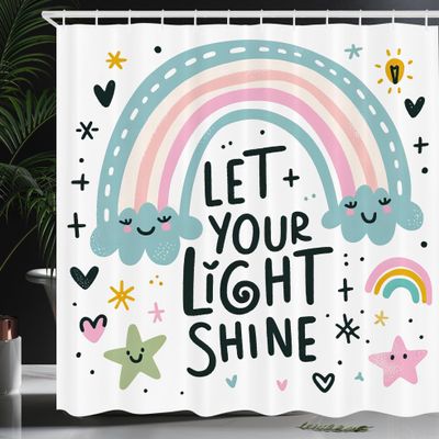 Ambesonne Cartoon Shower Curtain, Hand Drawn Look Rainbow Clouds and Stars with Happy Hopeful Phrase, Cloth Fabric Bathroom Decor Set with Hooks, 69" W x 84" L, Pale Teal Pink and Coral