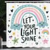 Ambesonne Cartoon Shower Curtain, Hand Drawn Look Rainbow Clouds and Stars with Happy Hopeful Phrase, Cloth Fabric Bathroom Decor Set with Hooks, 69" W x 84" L, Pale Teal Pink and Coral view 1