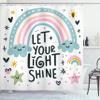 Ambesonne Cartoon Shower Curtain, Hand Drawn Look Rainbow Clouds and Stars with Happy Hopeful Phrase, Cloth Fabric Bathroom Decor Set with Hooks, 69" W x 84" L, Pale Teal Pink and Coral view 3