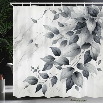 Ambesonne Grey Shower Curtain, Muted Tone Drawn Leafy Branches Autumnal Melancholy on Marble Print Back, Cloth Fabric Bathroom Decor Set with Hooks, 69" W x 75" L, Coconut Purpleblue Pearl
