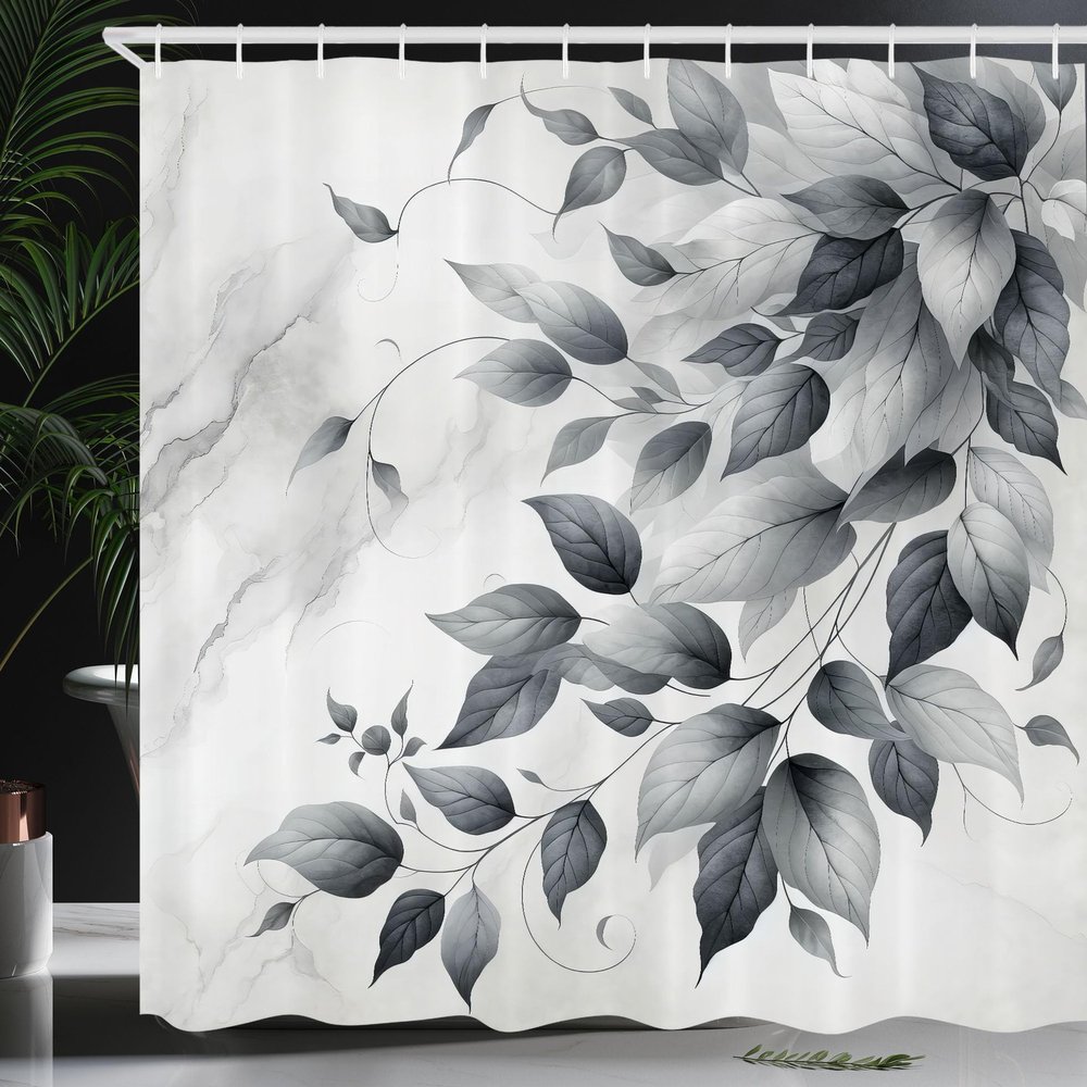 Ambesonne Grey Shower Curtain, Muted Tone Drawn Leafy Branches Autumnal Melancholy on Marble Print Back, Cloth Fabric Bathroom Decor Set with Hooks, 69" W x 75" L, Coconut Purpleblue Pearl