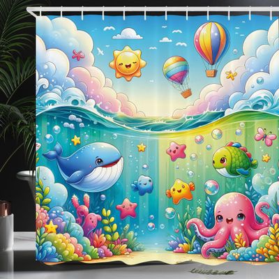 Ambesonne Marine Cartoon Shower Curtain, Colorful Underwater with Aquatic Animal Characters Sun Balloons, Cloth Fabric Bathroom Decor Set with Hooks, 69" W x 75" L, Turquoise Multicolor