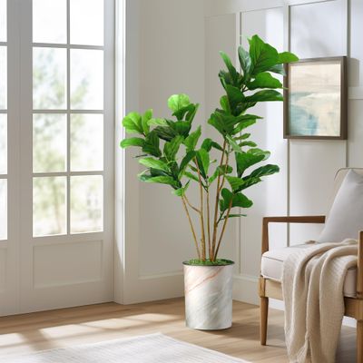 Artificial Tree in Modern Granite Effect Planter, Fake Ficus Lyrata Silk Tree for Indoor and Outdoor Home Decoration - 57" Overall Tall (Plant Pot Plus Tree)