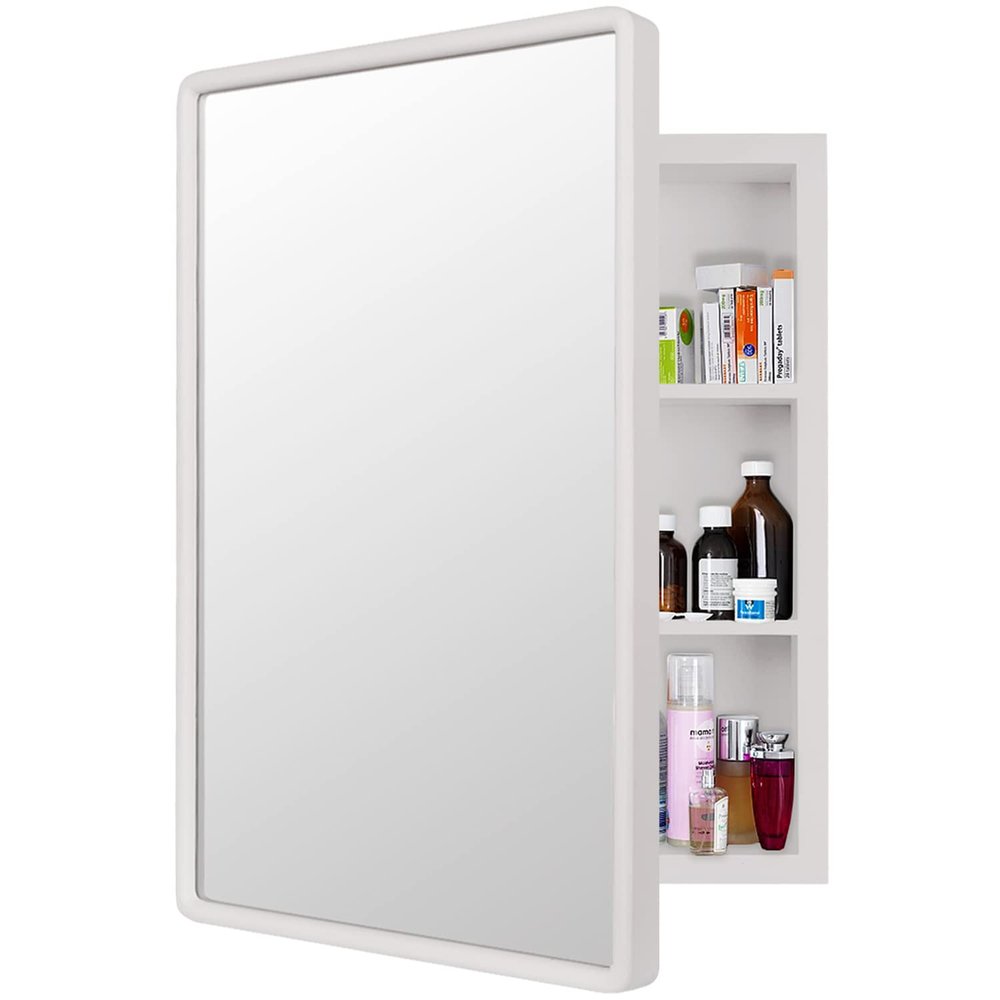LuxyDecor Medicine Cabinets Mirror Modern Wall Mounted Mirror Cabinet Solid Wood with Storage 24" x 16" (White)