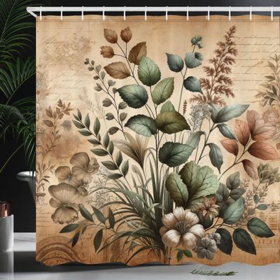 Ambesonne Vintage Shower Curtain, Medieval Botany Art Inspired Leafy Garden Huddle on Earth Tone Back, Cloth Fabric Bathroom Decor Set with Hooks, 69" W x 70" L, Laurel Green Sand Brown