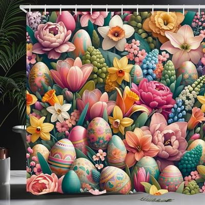 Ambesonne Spring Shower Curtain, Dreamy View of Easter Eggs Floral Garden Huddles with Greenery Leaves, Cloth Fabric Bathroom Decor Set with Hooks, 69" W x 75" L, Pale Pink Seafoam Mustard