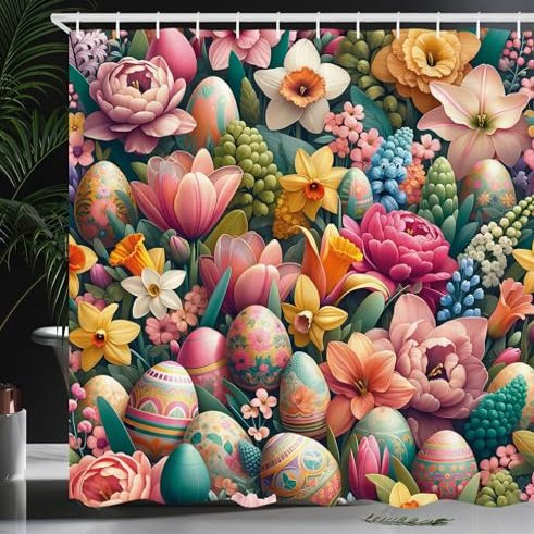 Ambesonne Spring Shower Curtain, Dreamy View of Easter Eggs Floral Garden Huddles with Greenery Leaves, Cloth Fabric Bathroom Decor Set with Hooks, 69" W x 75" L, Pale Pink Seafoam Mustard