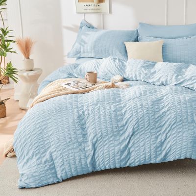HYMOKEGE Lake Blue Duvet Cover King Size, Ultra Soft 3-Piece Seersucker Duvet Cover Set with Zipper Closure, Soft Brushed Microfiber Bedding Set with 8 Corner Ties (104"x90", 2 Pillowshams)