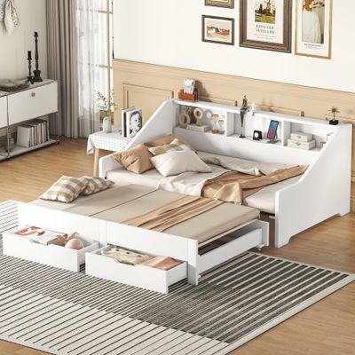 XD Designs Expandable Design Wood Daybed Twin to King Size with Storage Bookcases and Drawers, Modern Charging Station Design Daybed Sofa Bed Frame, Maximize Space (White-E2)