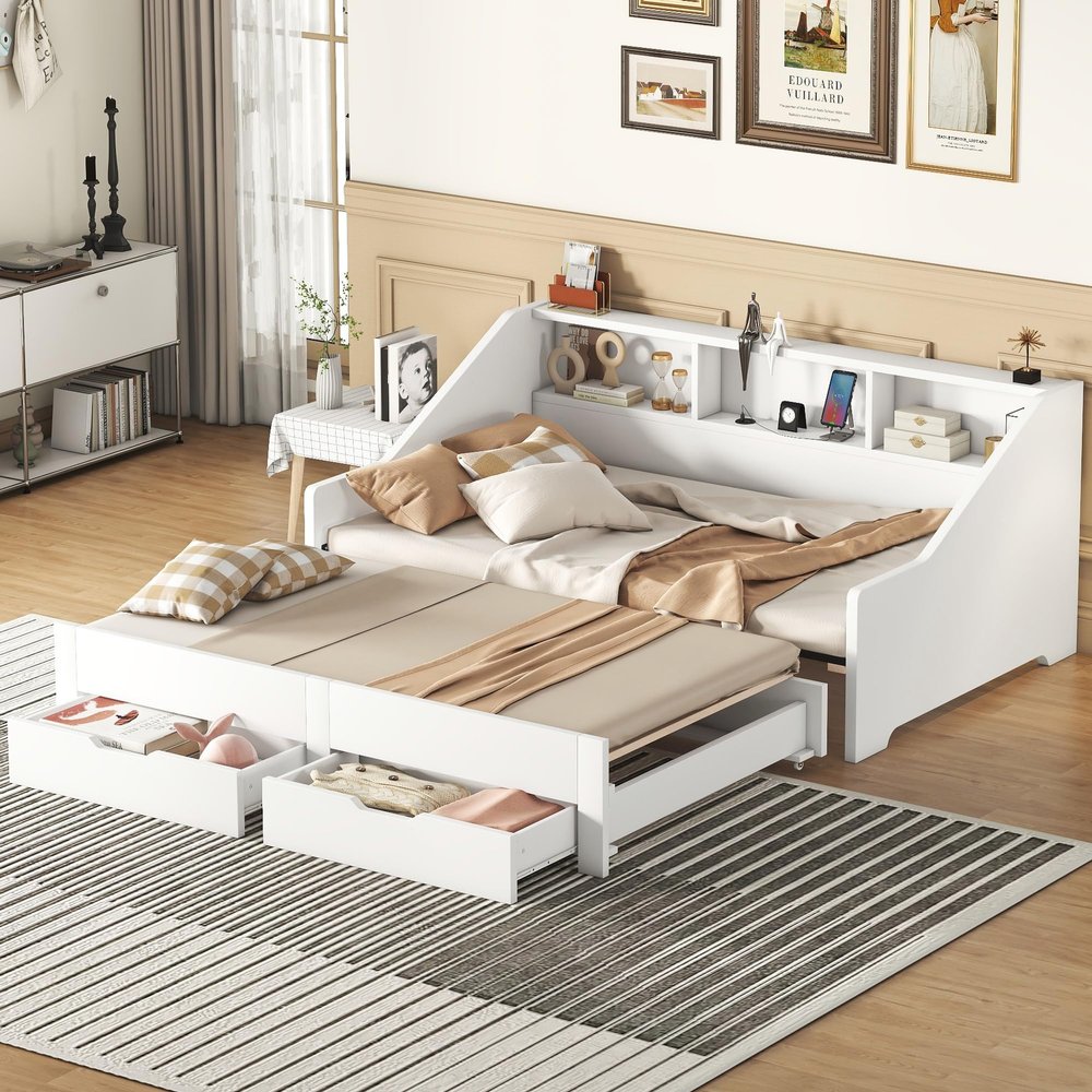 XD Designs Expandable Design Wood Daybed Twin to King Size with Storage Bookcases and Drawers, Modern Charging Station Design Daybed Sofa Bed Frame, Maximize Space (White-E2)