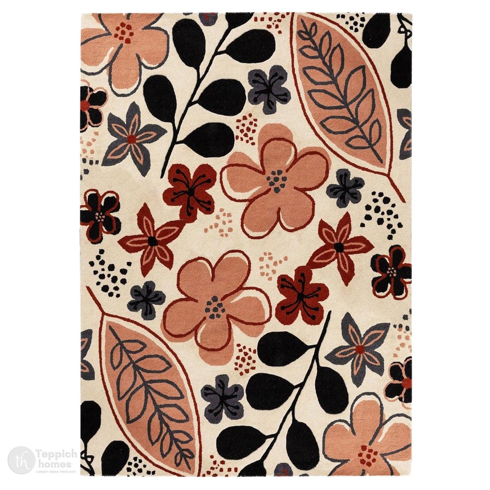 Teppich homes Hand Tufted Wool Area Rug, Beige Floral Pattern with Leaf Motifs, Soft Decorative Indoor Carpet for Living Room, Bedroom & Hallway 5x7, 8x10, 9x11, 10x13
