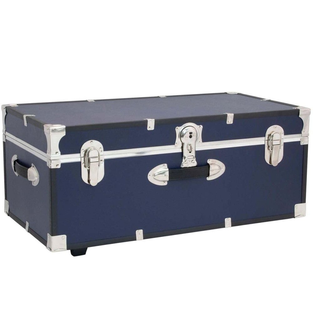 HomeStock Rustic Romance Heavy Duty 30" Under Bed College Storage Trunk with Lock, Latch Closure Type, 15.75" D x 30" W x 12.25" H, Ideal Camp Dorm Room Trunk Footlocker Navy Blue