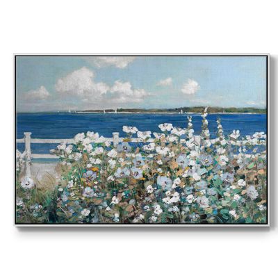Renditions Gallery Ocean Oasis Paintings & Prints Bayside Garden: Blooms By The Breakers Floater Frame Wall Hanging Artwork for Bedroom Office Kitchen - 17"X25" White Frame - GAL002
