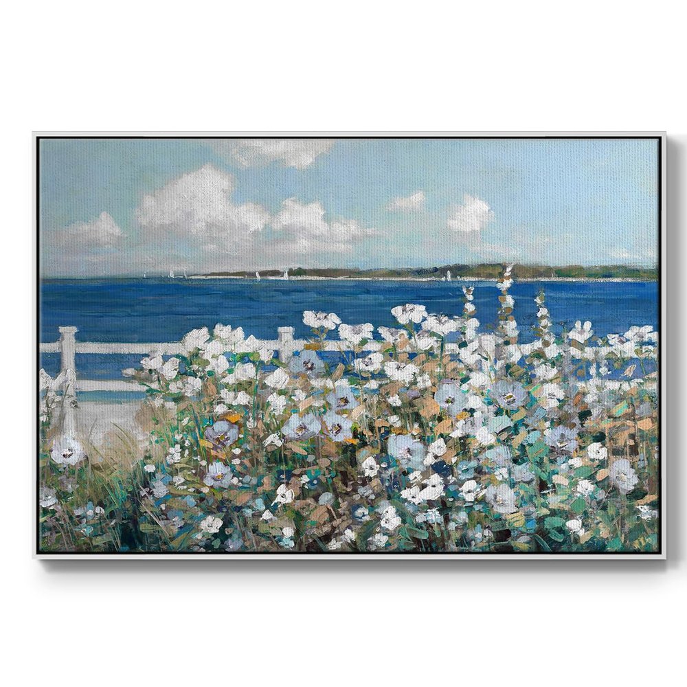 Renditions Gallery Ocean Oasis Paintings & Prints Bayside Garden: Blooms By The Breakers Floater Frame Wall Hanging Artwork for Bedroom Office Kitchen - 17"X25" White Frame - GAL002