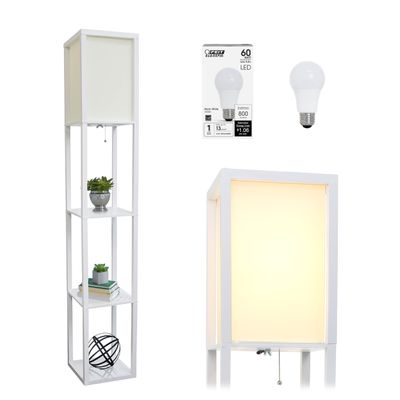 Simple Designs LF1014-WHT-LB Three Shelf Etagere Organizer Storage Floor Lamp with White Linen Shade for Living Room, Bedroom, Office, Hallway, White, with Feit LED Bulb Included