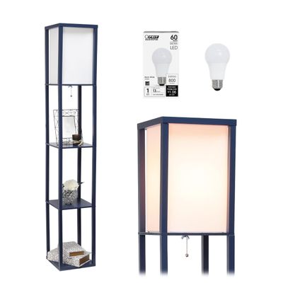Simple Designs LF1014-NAV-LB Three Shelf Etagere Organizer Storage Floor Lamp with White Linen Shade for Living Room, Bedroom, Office, Hallway, Navy Blue, with Feit LED Bulb Included