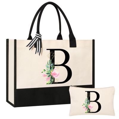 AYGE Personalized Initial Canvas Beach Bag Cosmetic Bags, Monogrammed Gifts for Women, Tote Bag, Makeup Bag, Birthday Gifts for Sister Mom Teacher Bridesmaid (B)