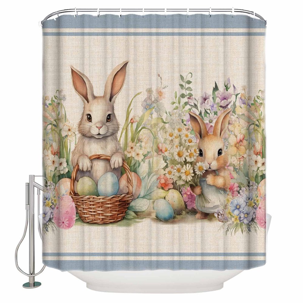 Easter Bunny Blue Shower Curtain Set with Hook 72" x 96",Washable Cloth Polyester Fabric Shower+Curtain,Waterproof Bath Curtains for Bathroom,Showers,Bathtubs Rustic Daisy Flower Easter Basket Egg
