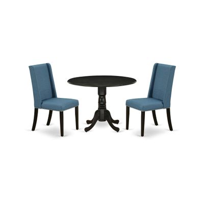 Ergode DLFL3-ABK-21 3-Piece Kitchen Set Included a Round Wood Kitchen Table & 2 Modern Dining Chairs, Mineral Blue Linen Fabric Parson Chairs Seat with Rubber Wood Legs, Wirebrushed Black Finish