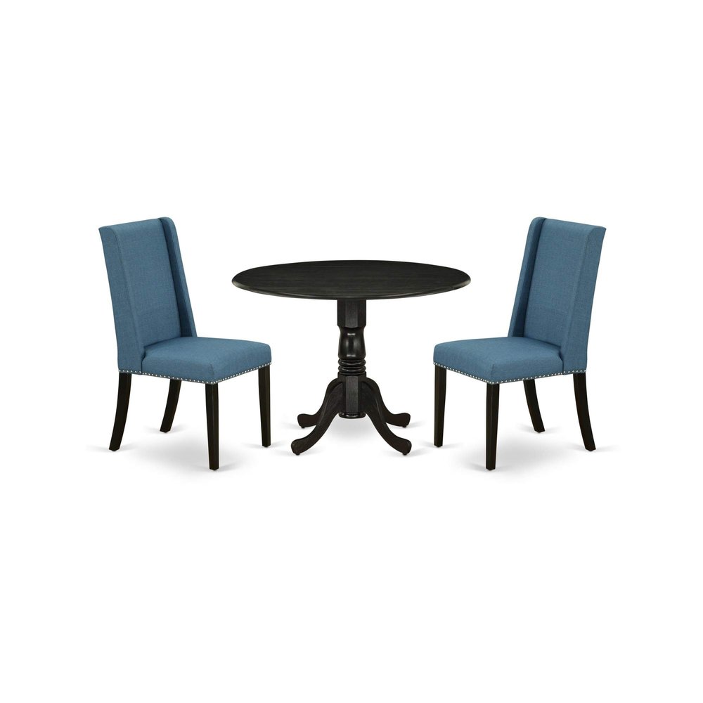 Ergode DLFL3-ABK-21 3-Piece Kitchen Set Included a Round Wood Kitchen Table & 2 Modern Dining Chairs, Mineral Blue Linen Fabric Parson Chairs Seat with Rubber Wood Legs, Wirebrushed Black Finish